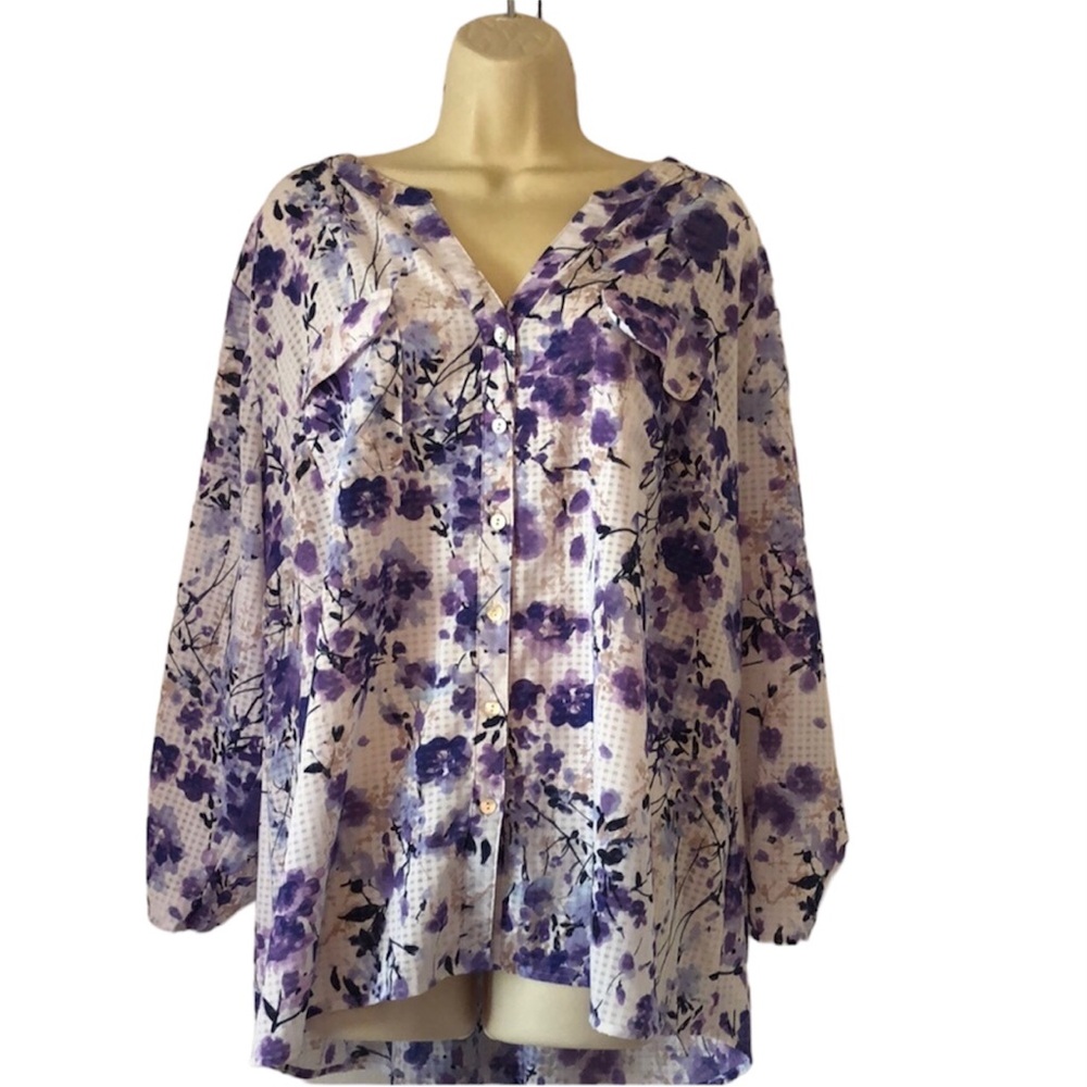 Women’s spring Coral Bay violet lilac fall cuff sleeve floral blouse